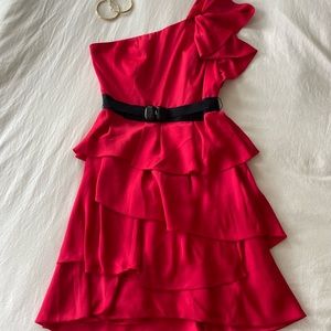 BCBG Max Azria red satin tiered one shoulder party dress! Size 6.